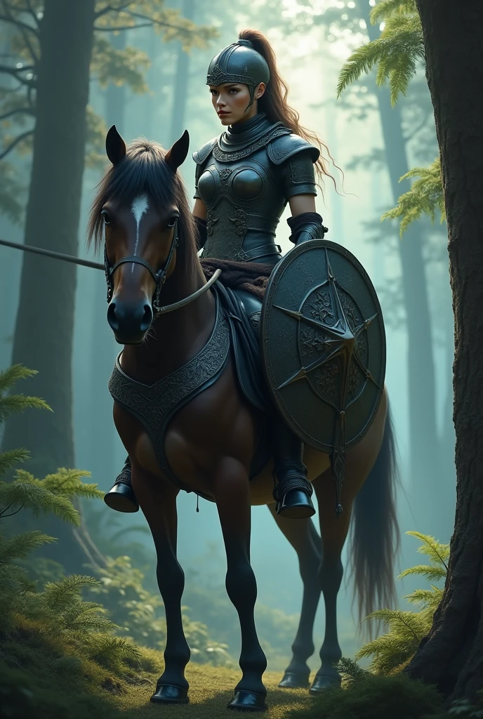 一位英姿飒爽的Centaur female warrior，She stands out in a mysterious forest scene.。The following is a detailed description of the image，Contains rich keywords：

Centaur female warrior：
Image：She has the upper body of a human and the lower body of a horse.，Showing the unique mythological characteristics of the Centaur。
equipment：Wearing a full set of black armor，Includes a detailed helmet、Breastplate、Shoulder pads、Arm armor、Leg armor and horseshoes。
arms：Holding a spear in the left hand，The spearhead flashes with cold light；Holding a shield in the right hand，Intricate patterns are engraved on it。
hairstyle：Long hair tied into a ponytail，Hangs from the back of the helmet，Adds a touch of femininity。
expression：Her eyes are firm，Serious face，Revealing an unyielding fight。
Forest Background：
environment：A light mist filled the forest，Create a hazy、Mysterious atmosphere。
vegetation：The towering trees block out the sun，Thick trunk，The canopy is dense，The ground is covered with thick grass and ferns。
Light：Sunlight shines through the treetops，Mottled light and shadow，Adds a touch of vivid color to the forest。
