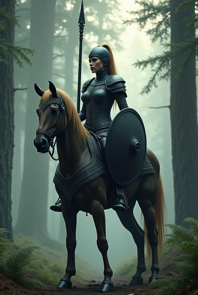 一位英姿飒爽的Centaur female warrior,She stands out in a mysterious forest scene.。The following is a detailed description of the image,Contains rich keywords:
Centaur female warrior:
Image:She has the upper body of a human and the lower body of a horse.,Showing the unique mythological characteristics of the Centaur。
equipment:Wearing a full set of black armor,Includes a detailed helmet、Breastplate、Shoulder pads、Arm armor、Leg armor and horseshoes。
arms:Holding a spear in the left hand,The spearhead flashes with cold light;Holding a shield in the right hand,Intricate patterns are engraved on it。
hairstyle:Long hair tied into a ponytail,Hangs from the back of the helmet,Adds a touch of femininity。
expression:Her eyes are firm,Serious face,Revealing an unyielding fight。
Forest Background:
environment:A light mist filled the forest,Create a hazy、Mysterious atmosphere。
vegetation:The towering trees block out the sun,Thick trunk,The canopy is dense,The ground is covered with thick grass and ferns。
Light:Sunlight shines through the treetops,Mottled light and shadow,Adds a touch of vivid color to the forest。