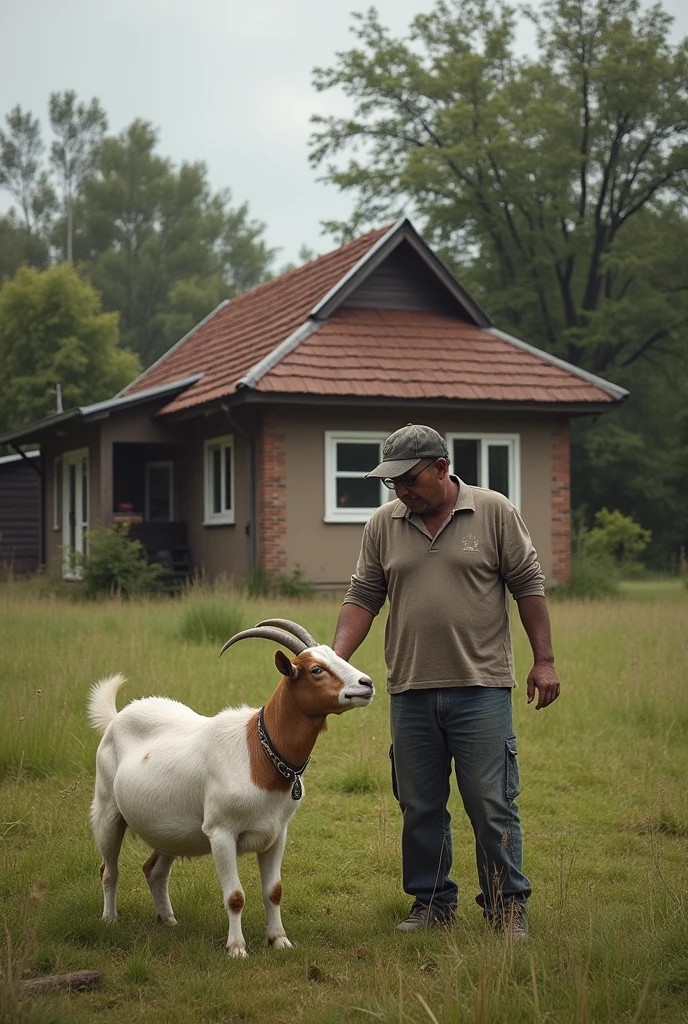 A house with some trees in the background and a man loving his goat in the front Images