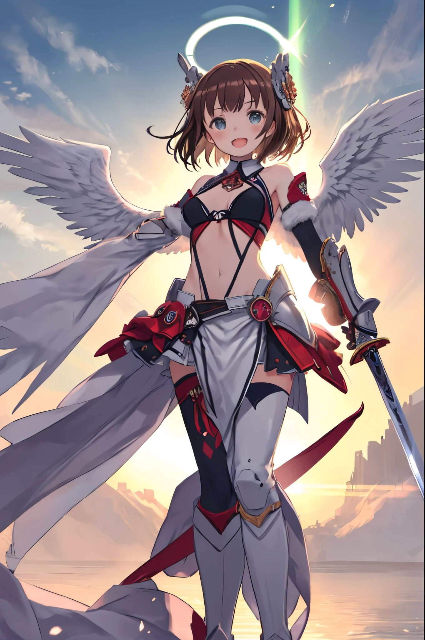 fantasy, 1angel_girl, low_teen, dark_brown_hair,long_bangs, (dark_skin)+, bare_shoulder, navel out, thighhighs,silver_shiny_armor, white_clothes,waist_armor, Glebe, hold_swords_emits_light, medium_breasts, dynamic_flying_pose,Floating, (1pair_white_wings:1.2),(pelvic_curtain:1.3), silver_Headgear ,looking_down_at_sunset_city_sky_background,,slightly_spread_legs, some_swords_emits_light,some_swords_emits_light_floating_around_the_girl,solo,glare_halo,laugh ,smile,open_mouth,open_legs,open_arms,rise_knee,rise_leg,rise_thigh,rise_leg,forward_leaning_posture,apart_legs,