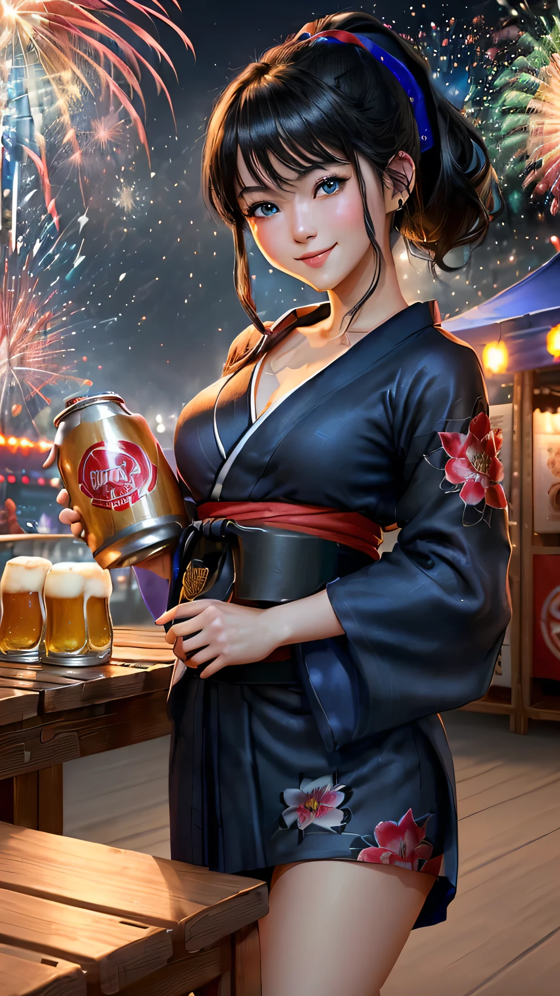 最high quality、Best image quality、masterpiece、With a girl((cute、20-year-old、Best Bust、Medium Bust、Beautiful Blue Eyes、Spread your chest wide,Black Hair、ponytail、Disheveled Hair、thin、Highest Valley、Red yukata、smile、Beer を持つ、Drunk)）high quality、Beautiful art、background((night、festival、stall、Fireworks、Beer )),Tabletop、Exquisite design、Visual Arts、Written boundary depth、Best lighting、Highest detail、8ｋ