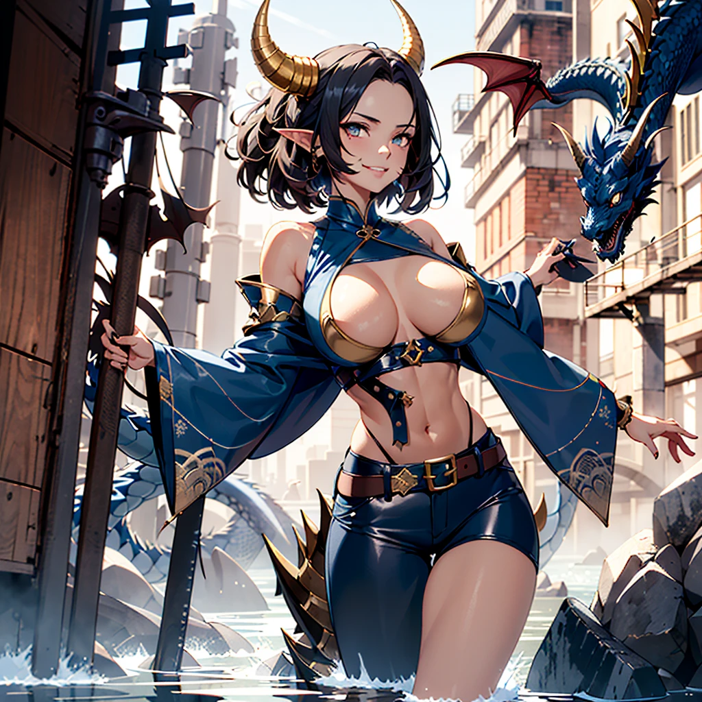 ((best quality)), ((masterpiece)), (detailed), 1 girl elf-draconical heavy warrior, 8k_wallpaper, extremely detailed eyes, (large masterpiece digital art), (intricate details:1.3 ), (ultra-detailed:1.3), (sharp focus:1.3), (natural lighting:1.05), (vivid colors:1.3), (best quality:1.4), high quality, expressive eyes, full body, detailed face, beautiful face, perfect face, ((hair sandy white curls)), ((dragon dark blue horns)), (gold eyes), {{dark blue skin}}, ({dark blue skinned female}), big breasts, (huge chest), powerful relief muscles of the abdomen and legs, powerful strong muscles of the arms, abdominal piercings, cruel predatory and cold-blooded arrogant look, a predatory smile with many fangs, open dark blue silk lush kimono with patterns of golden maple leaves, a white translucent cotton crop-top outlines of nipples under clothing, leather mini-shorts, lowered leather wide red belts on the waist with large yarn, (long large dragon dark blue tail), she stands on a sunny day on a sea pier against the backdrop of a ruined medieval city,