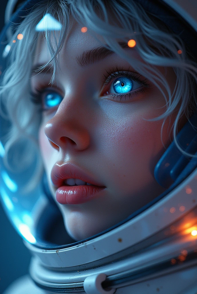(Close-up of a better masterpiece:1.5)0.9], (Space and astronauts:1.2) (Messy silver hair:1.1) (Heterochromia xanthochromia and blue eyes:1.2) (Space Helmet:1.0) (Colored stars in the eyes:1.0) (A radiant glow:1.1) (thick lips:0.9)