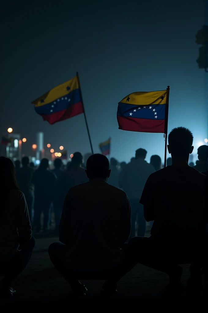Venezuelans with flags crouched and waiting for something are in the dark