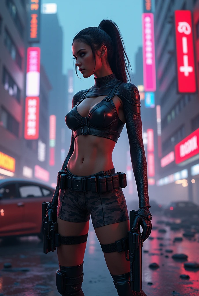 Detailed Cyberpunk Sci-Fi Characters, Beautiful young woman, hyper-Realistic, Very detailed顔と体, Ample breasts, Perfect Proportions, Muscular, Six Pack Abs, A woman wearing a high-cut latex bodysuit, night camouflage pattern, Tactical equipment, Bulletproof vest, Utility Belt, holster, Futuristic pistol, Elaborate armor, Cybernetic Enhancements, Cinematic pose, Cyberpunk City, terrorist attack, explosion, night, Detailed futuristic cityscape, Neon Light, skyscraper, Dark atmosphere, Volumetric Fog, Cinematic lighting, Dystopian urban environments, Advanced Technology, Android, hacker, Illuminated display, Holographic Display, Flying Car, industrial machinery, Damaged buildings, rubble, chaos, panic, Very detailed肌の質感, Intricate details, Cinematic lighting, Dramatic Shadows, Glowing Skin, photoRealistic, (Highest quality,4K,8k,High resolution,masterpiece:1.2),Very detailed,(Realistic,photoRealistic,photo-Realistic:1.37),Very detailed目と顔,Long eyelashes,Cinematic,Dramatic lighting,Chiaroscuro,Vibrant colors,One girl