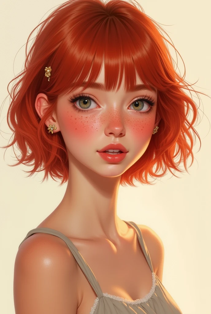 A semi-realistic drawing that has short red hair with bangs, freckles and is like a strawberry