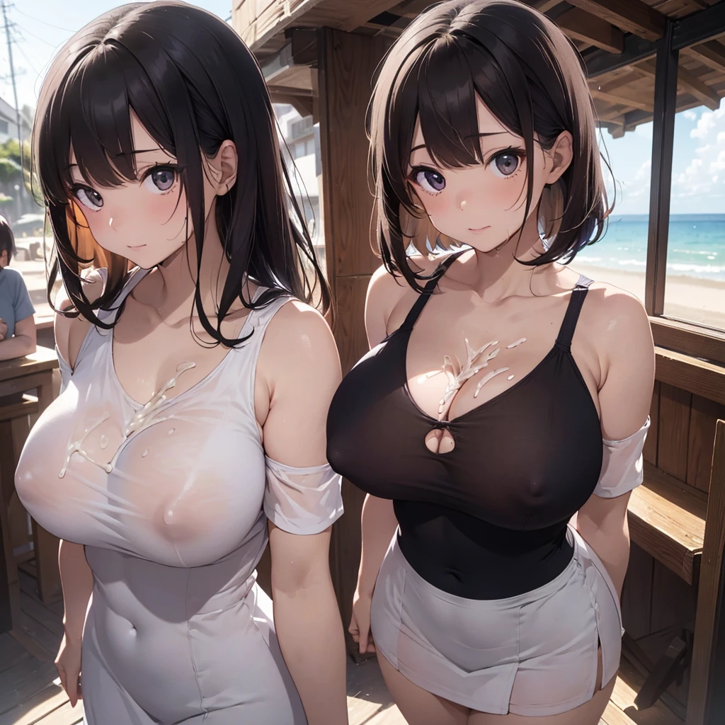 2lady(different hair style), ((ultra-quality)), (Bukkake:1.5), (side view), (profile), (from side), (side colossal tit:1.6), (in 8K), (arms behind back:1.5), (arms are down), ultla highres, Hyper Detailed, High contrast, Ultrafine Strike, creative refinement, absurdres, Realistic, extremely detailed CG unified 8k wallpaper, Highly detailed, High-definition raw color photos, professional photograpy, Realistic portrait, Cinematic Light, Beautiful detailed, 28 years old woman, (realistic skin:1.3), (shiny skin), (Best Quality:1.4), Super Detail, High quality, master piece, lifelike, (After SEX), Bukkake, Perfect face, (cum on chest:1.5), (Bukkake:1.5), (covered by lot of cum:1.3), (Sharp Focus), (upper body), (close up), Delicate Beautiful Hair and Eyes and Face, Delicate eyes, radiant eyes, Lifelike, Hyper-detailing, (Silk sexy dress:1.3), (bare shoulder), (sleeveless), (no bra), (covered breasts), (mini skirt), (see-through), (Sheer areola:1.1), (colossal breasts:1.6), (big breasts:1.5), (Beautiful breasts:1.5), (smooth stomach), (covered nipples:1.4), (arms behind back:1.3), Beautiful cute woman, camel-toe details, (SFW), wet clothes, (slim body), slim, wet, pale black eyes, (bob cut), (medium hair), (long bangs), (night unpopular private beach:1.2)