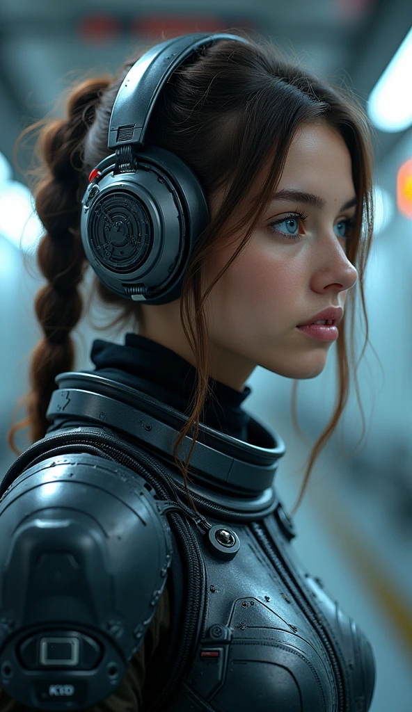 masterpiece, Highest quality, Realistic, Super detailed, software, head shot, Portrait of a young woman, Star Sector, Sci-fi Suit, High-tech equipment, Turn your head to the right,
