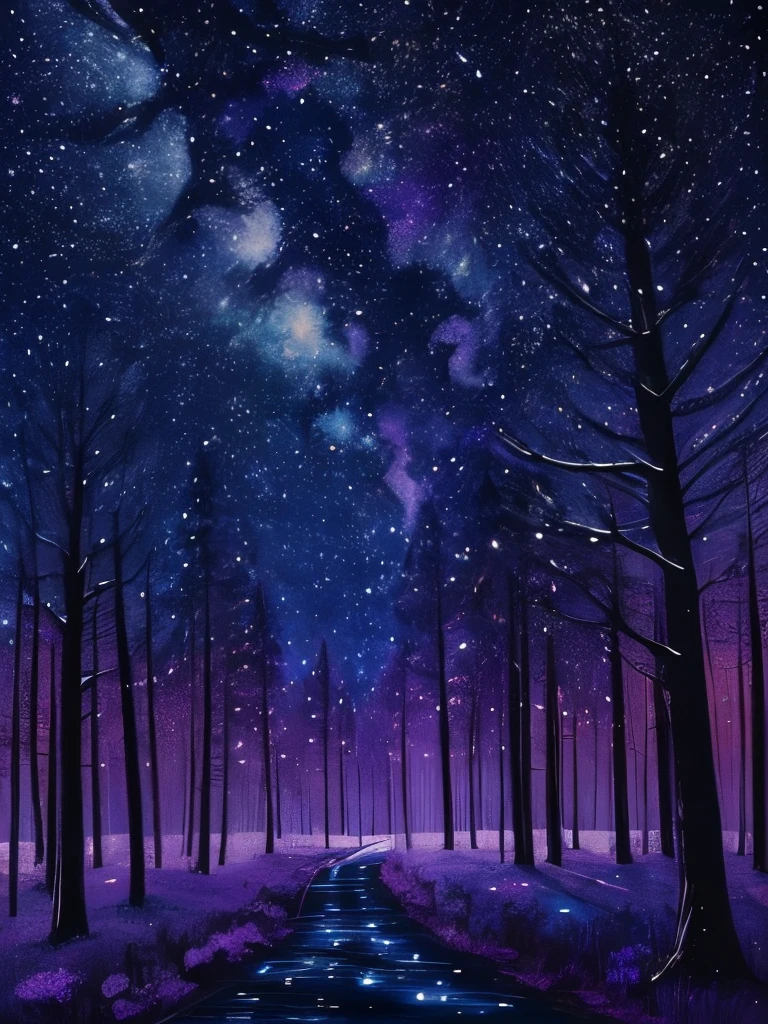 a painting of a night sky with trees and stars, stary night painting, starry-night!!!!!!!!!!!!!!!!!!!!, colorful night sky, starry nights, acrylic paint on canvas, starry skies, trees and stars background, acrylic painting, beautiful color art!, violet sky, stars and paisley filled sky, beautiful pine tree landscape, starlit sky, canvas painting, starry night sky