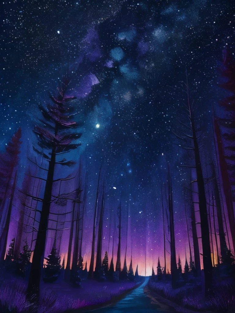 a painting of a night sky with trees and stars, stary night painting, starry-night!!!!!!!!!!!!!!!!!!!!, colorful night sky, starry nights, acrylic paint on canvas, starry skies, trees and stars background, acrylic painting, beautiful color art!, violet sky, stars and paisley filled sky, beautiful pine tree landscape, starlit sky, canvas painting, starry night sky