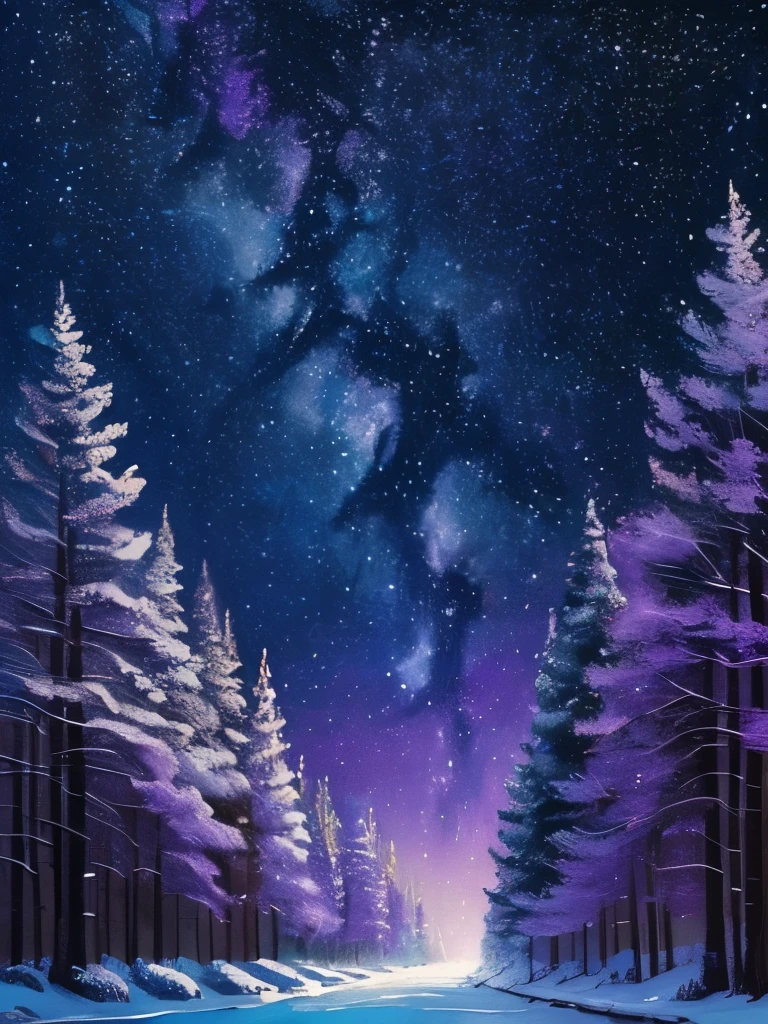a painting of a night sky with trees and stars, stary night painting, starry-night!!!!!!!!!!!!!!!!!!!!, colorful night sky, starry nights, acrylic paint on canvas, starry skies, trees and stars background, acrylic painting, beautiful color art!, violet sky, stars and paisley filled sky, beautiful pine tree landscape, starlit sky, canvas painting, starry night sky