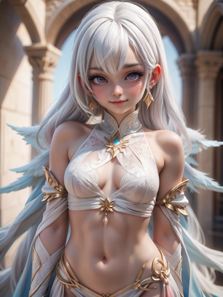 ariel, upper body portrait, white hair, beautiful, cute arabian transparent Langerie, warrior,Asas de anjo, usando joias em ouro em todo corpo, midriff, fit, white hair, desert background, realistic fantasy ,concept art, sexy, excited, gorgeous face,fully body, breasts small, smooth skin, Medium pink mouth, Linda, naturals .Transparent silk on clothes, 80% of the uncovered body,Cheeky smile.,Well-defined lips.