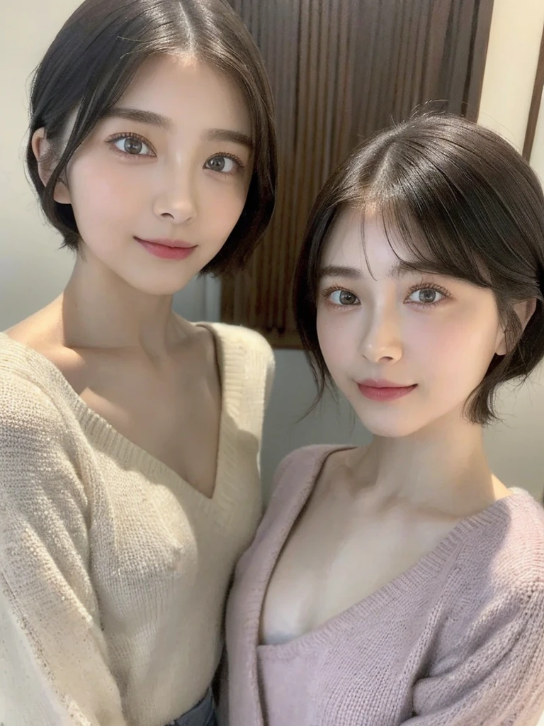 (masterpiece:1.3), (8k, Photoreal, Raw photo, best image quality: 1.4), Japanese high school girl、(random hairstyle:1.2)、cleavage:1.5、super detail face、eye for details、double eyelid、chest to chest、sharp focus:1.2、Beautiful woman:1.4、light brown hair、highest quality、masterpiece、超A high resolution、(Photoreal:1.4)、Highly detailed and professionally lit smiles、loose and light knitwear、shoulder out、thin、serious expression、short haired、deadly position
similar identical twins
All the girls have the exact same face, The two have the same face and figure, as if they were mirror images.