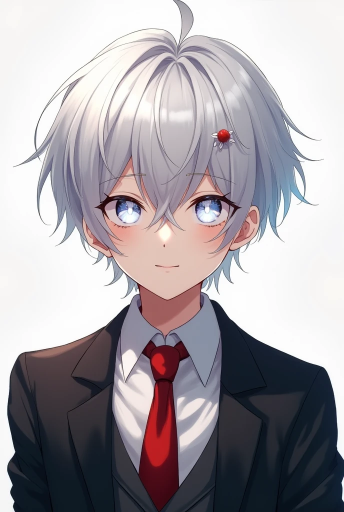 Generate picture white haired boy with black blazer and white shirt, red tie, and white  eyes. Anime style
