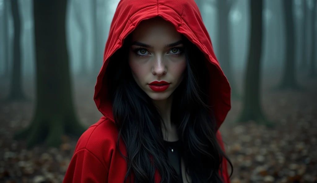 a beautiful girl with long black hair, Red lips, and wearing a red hooded cape, with neckline, looking at the camera, dark forest environment around her