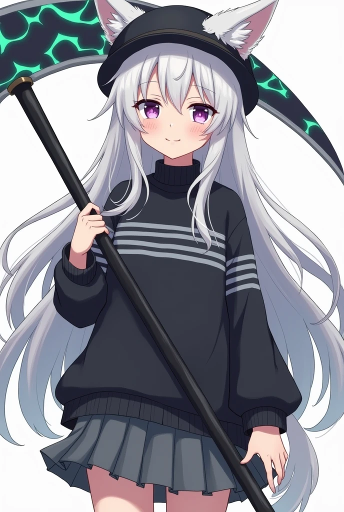 A girl waring black sweater with gray horizontal stripes, caro skirt, brim hat and have white long hair , have white kitsune ears holding a energy scythe