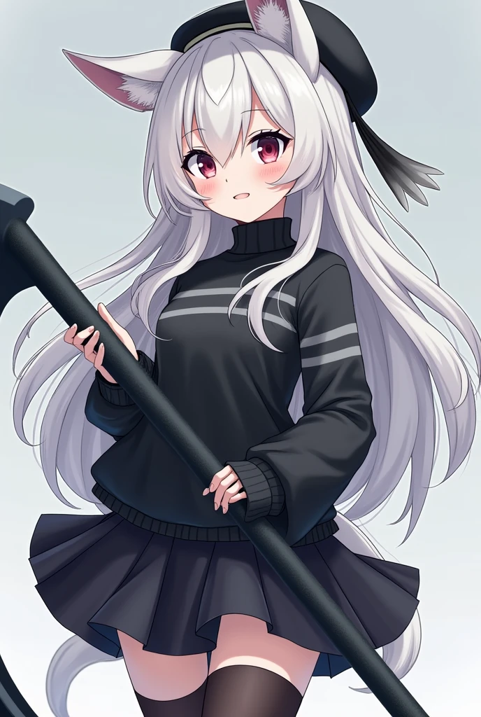 A girl waring black sweater with gray horizontal stripes, caro skirt, brim hat and have white long hair , have white kitsune ears holding a energy scythe