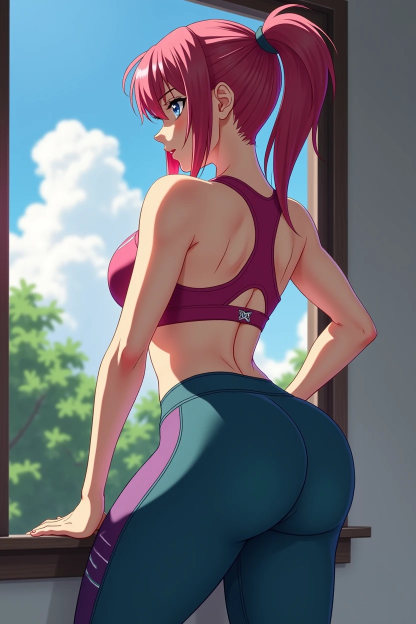 An anime woman with huge breasts and ass from behind in tight sportswear 