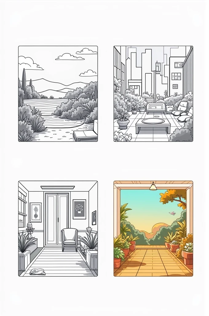 4 squares illustration of monochrome palettes of a variety of settings and house one in a different color palette