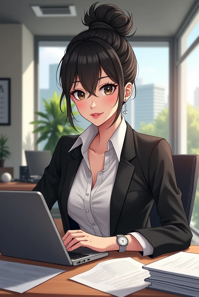 Draw a matured woman that customizing as a successful entrepreneurship with backgrounds of an office and sitting on the office chair doing work in the laptop and have some papers in her side also put the hair up in a messy bun and the color of the clothes are black and white that looks so expensive and classic and put a pearl earrings and make it more like an anime, please make it more not so realistic, dont make the chest so big just right size