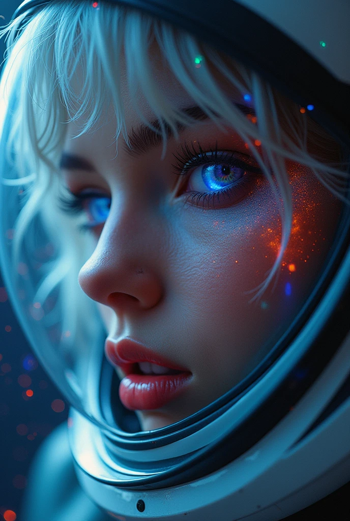 (Close-up of a better masterpiece:1.5)0.9], (Space and astronauts:1.2) (Messy silver hair:1.1) (Heterochromia xanthochromia and blue eyes:1.2) (Space Helmet:1.0) (Colored stars in the eyes:1.0) (A radiant glow:1.1) (thick lips:0.9) hour glass body in sexy seducing pose