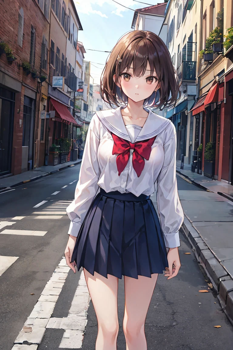 21歳の女性のphotograph, Perfect body, Short pleated skirt, Tight white blouse, Brown eyes,street, Brown Hair, dramatic, Complex background, Movieような, Movie, Canon 5D, photograph, Film Stock, Wet, it's raining,Small breasts,Flat chest,((Highest quality)), (Very detailed), (High-definition CG synthesis 8k wallpaper), 高いly detailed, 高い-definition raw colbor photos, プロのphotograph撮影, Written boundary depth,Model pose,Neat