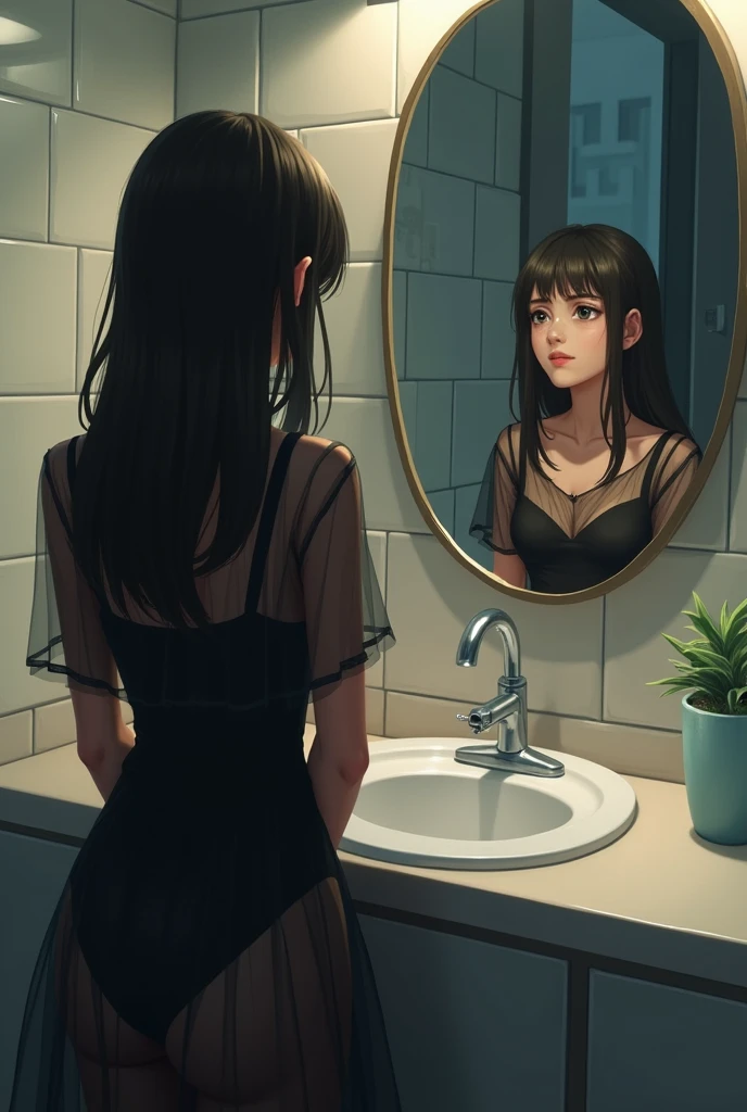 Beautiful woman、28Year、Draw a scene of Misaki standing in front of the bathroom mirror.。Misaki、She is wearing a transparent black dress with a faint misty texture..。The dress symbolized her loneliness..、It gives a heavy yet ephemeral feeling.。Her expression is sad and introspective..、I'Looking at yourself in the mirror。The background is a simple and contemporary bathroom.、The soft morning light shines in、There'A little steam。The streetscape is faintly reflected in the mirror.。