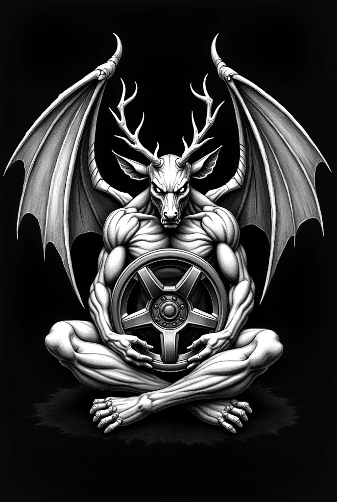 A drawing drawn with a white pen on a black background. Only black and white, no grey. A demon holding a car wheel in its hand. The wheel has five spokes. The demon has a deer face and wings and sits cross-legged, giving a scary feeling.
