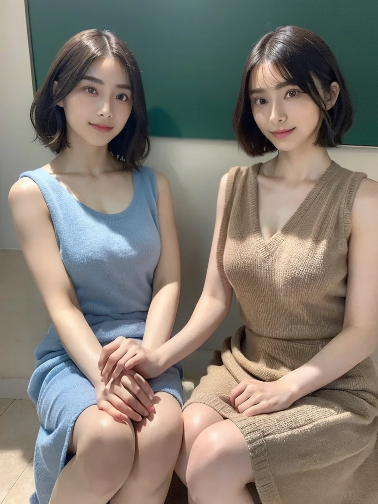 (masterpiece:1.3), (8k, Photoreal, Raw photo, best image quality: 1.4), Japanese high school girl、(random hairstyle:1.2)、cleavage:1.5、super detail face、eye for details、double eyelid、chest to chest、sharp focus:1.2、Beautiful woman:1.4、light brown hair、highest quality、masterpiece、超A high resolution、(Photoreal:1.4)、Highly detailed and professionally lit smiles、loose and light knitwear、shoulder out、thin、serious expression、short haired、deadly position
similar identical twins
All the girls have the exact same face, The two have the same face and figure, as if they were mirror images.