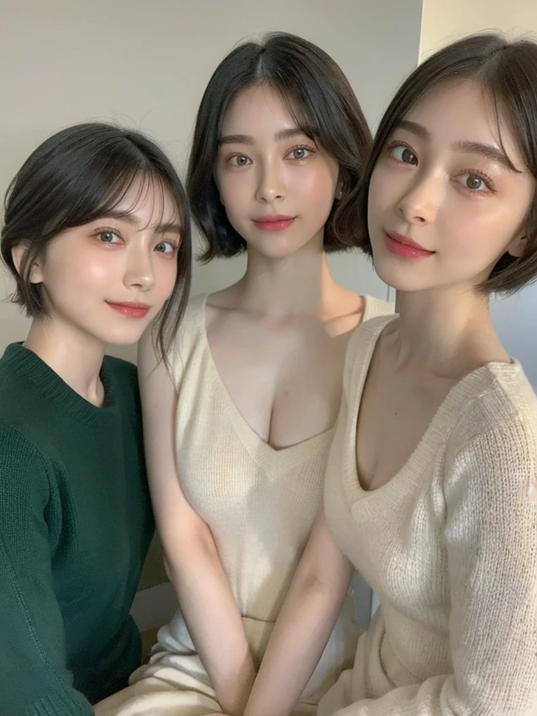 (masterpiece:1.3), (8k, Photoreal, Raw photo, best image quality: 1.4), Japanese high school girl、(random hairstyle:1.2)、cleavage:1.5、super detail face、eye for details、double eyelid、chest to chest、sharp focus:1.2、Beautiful woman:1.4、light brown hair、highest quality、masterpiece、超A high resolution、(Photoreal:1.4)、Highly detailed and professionally lit smiles、loose and light knitwear、shoulder out、thin、serious expression、short haired、deadly position
similar identical twins
All the girls have the exact same face, The two have the same face and figure, as if they were mirror images.
