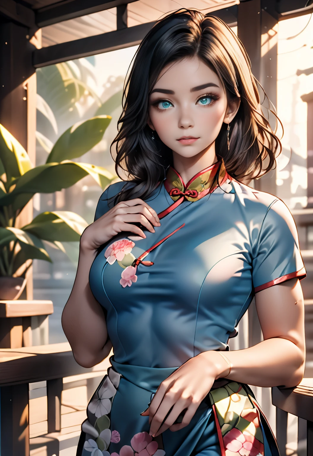 (8K, RAW photos, best quality, masterpiece:1.2), (Practical, photo-Practical:1.3)、((1 female)), 20-year-old Japanese beauty. Clean and fair skin, and the hair is gray、Dark blue eye color, lol, HD face, Curly short hair, (((Tight cheongsam))), Blue and white porcelain，Beautiful Pattern，Oriental elements, Clean colors,White background, Soft lighting, Radiant Skin, Photometry, (((slim))), Bright colors, 