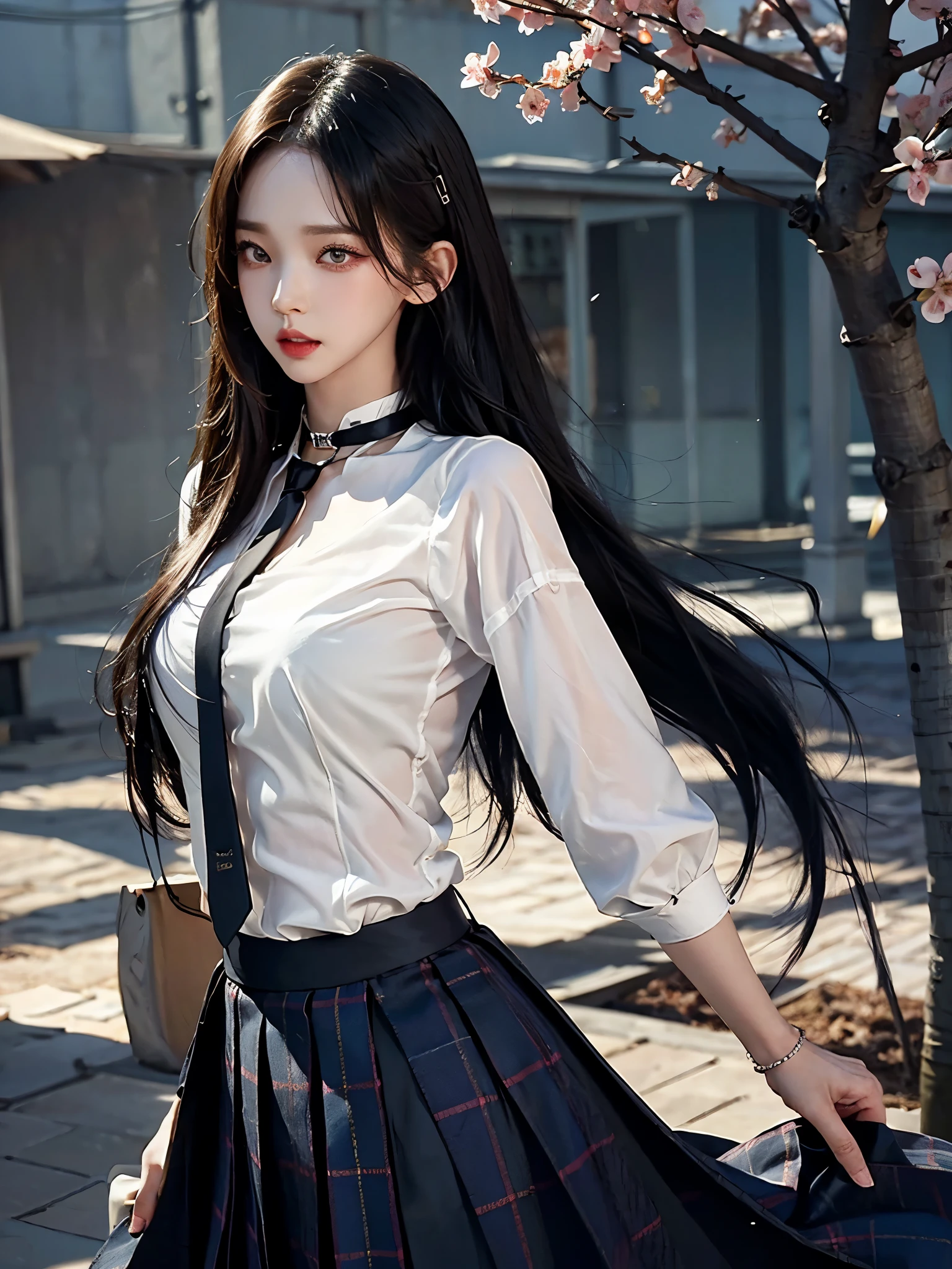 큰 chest, 젖어서 chest이 보이는 흰색 shirt, masterpiece, best quality, whole body, 1 woman, forehead, black choker, black necktie, blond hair, blue skirt, blush, bracelet, chest, choker, clothes approximately waist, clavicle, collared shirt, cowboy shot, dress shirt, ear piercing, eyebrows visible through hair, gradient hair, 이를 드러내고 laugh, fix, bijouterie, Kogal, long hair, looking at viewer, loose necktie, necktie, piercing, plaid, plaid skirt, pleated skirt, red eyes, ring, , shirt, skirt, laugh, alone, distance, sky, Cherry Blossom, petal,illustration, (Magazines:1.3), (sheathe-style:1.3), fashionable, female, vibrant, outfit, posing, front, fancy, dynamic, background, coercion, confidence, expression, possession, name, accessories, majestic, coil, approximately, touch, scene, texts, sheathe, brave, attracting attention, title, Refined, font, catchy, headline, bigger, striking, modern, Trend, Concentrate upon, fashion,