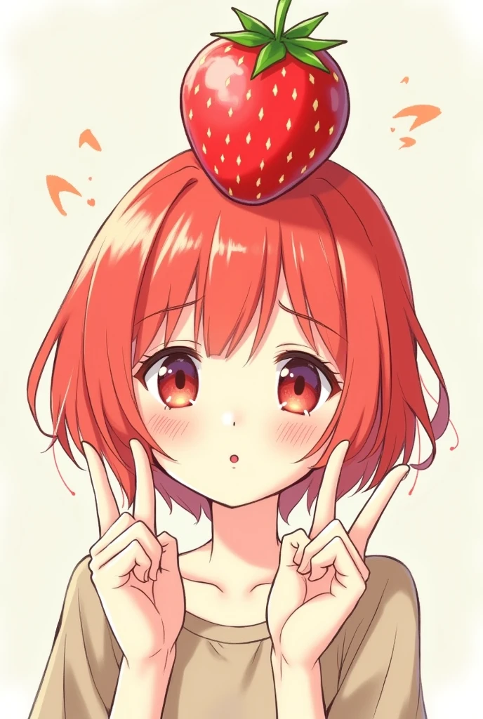Un dibujo semirealista que tebga el pelo rojo corto con fleco tenga pecas
Y que sea como de fresa que tenga como un goro de fresa y que haga una señal con su mano ✌️