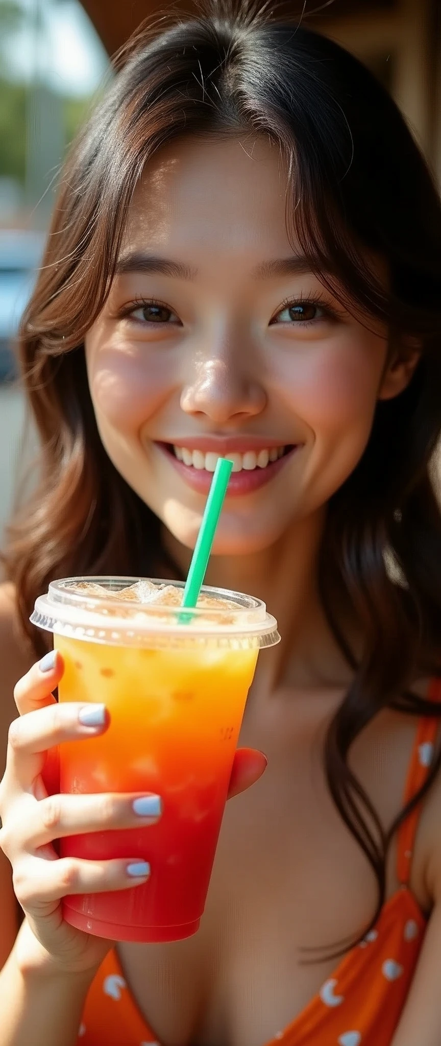 (masterpiece:1.2, Highest quality,Highest quality,Very detailedな:1.2),(Very detailed),8k,(Realistic),(RAW Photos:1.2),(1 female),(Random nationality women,Beautiful Face,Beautiful Eyes,Beautiful Hair,Detailed skin texture:1.3,Beautiful Hands:2.0,Detailed hands:1.2,Cute Nail Art:1.2,Random hairstyle),(A woman drinking a new fruit Frappuccino,straw,Stylish tableware,Stylish coffee shop),(Stylish Photos),(Cool looking photo),(A delicious smile:1.2),(summer),(Detailed depiction down to the last detail),(dynamic)