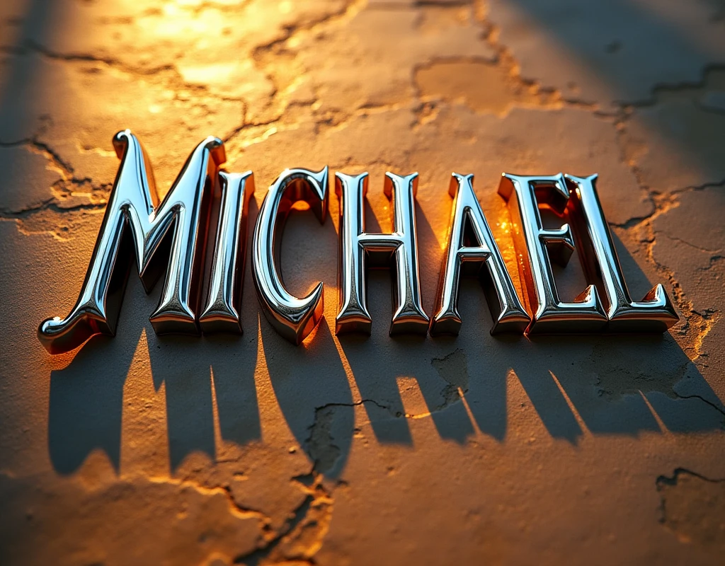 (text:"MICHAEL") The word, fancy Art Nouveau style sunlit shiny polished silver chrome text, flat front face view on tavertin stone background, photorealistic, cinematic, reflections, emblem logo badge sign,