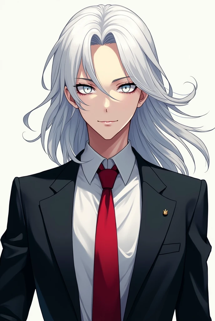 Generate picture white haired man with black blazer and white shirt, red tie, and white  eyes. Anime style ,full body