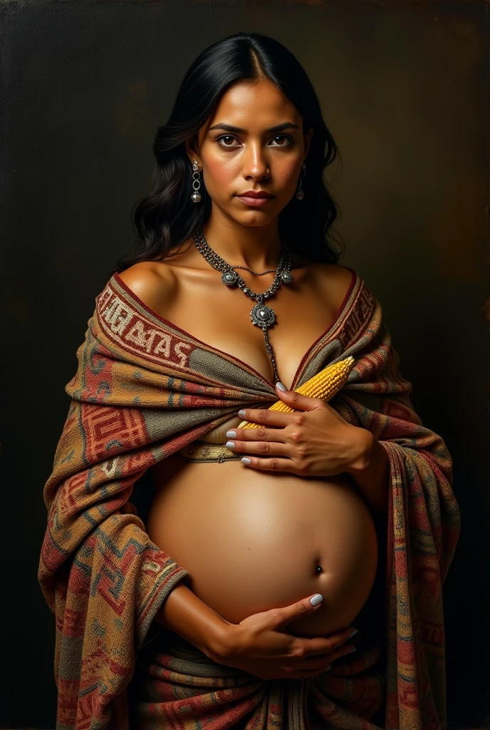 masterpiece, realist, Caceres angel painting style, Mexican Rarámuri indigenous woman, with embroidered woven shawl, pregnant, with one hand on the belly, and the other holding a corn cob, striking look and detailed eyes, dark background, Angel from Caceres, high contrast, Rembrandt,.