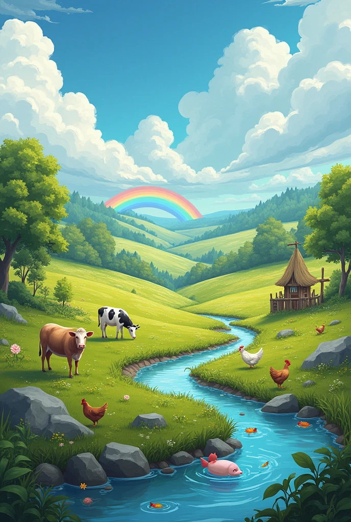 Field with lots of vegetation, cows, Pigs and chickens next to the farmer. There is also a river with fish., His.and a rainbow.