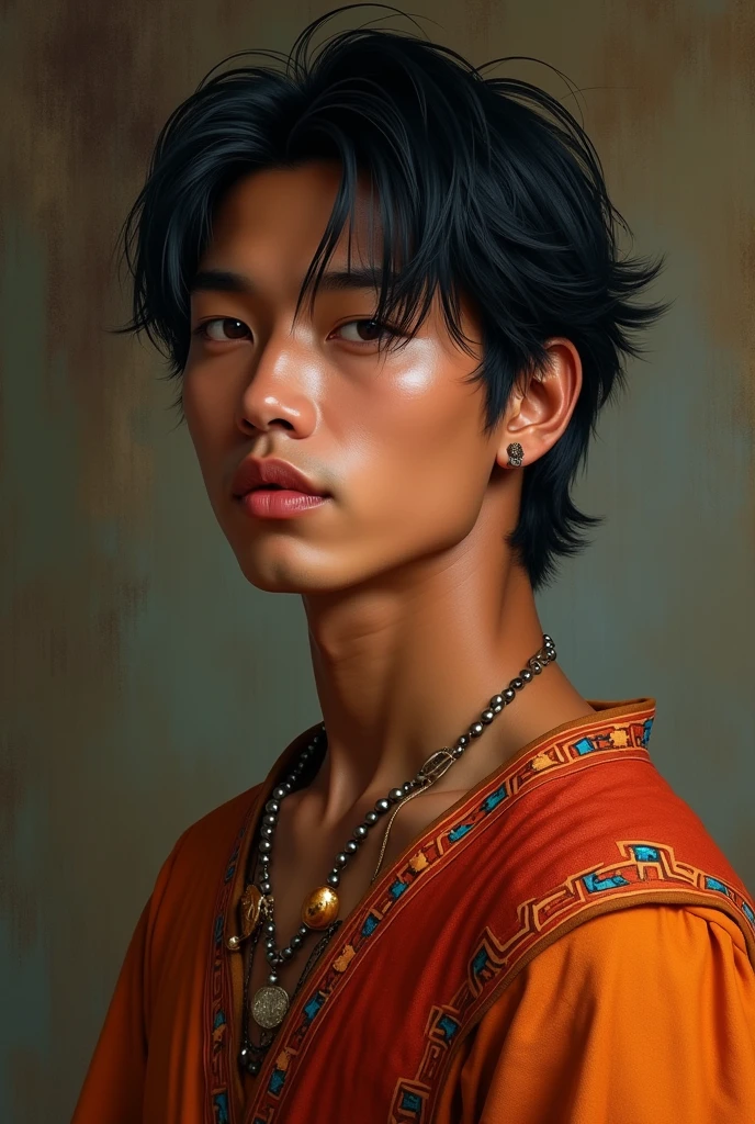 kor: 25 years old Height: 1,89 Physical constitution: Scrawny, but with defined muscles Skin color: Brunetette, with Latin strokes, smooth skin Eyes: black eyes, expressive and captivating Hair: black hair, straight and short of the 20th century.
fleshy and red mouth, beautiful smile.
indigenous clothing.
Masterpiece, 8k, painting-like, photo by full body, handsome man.