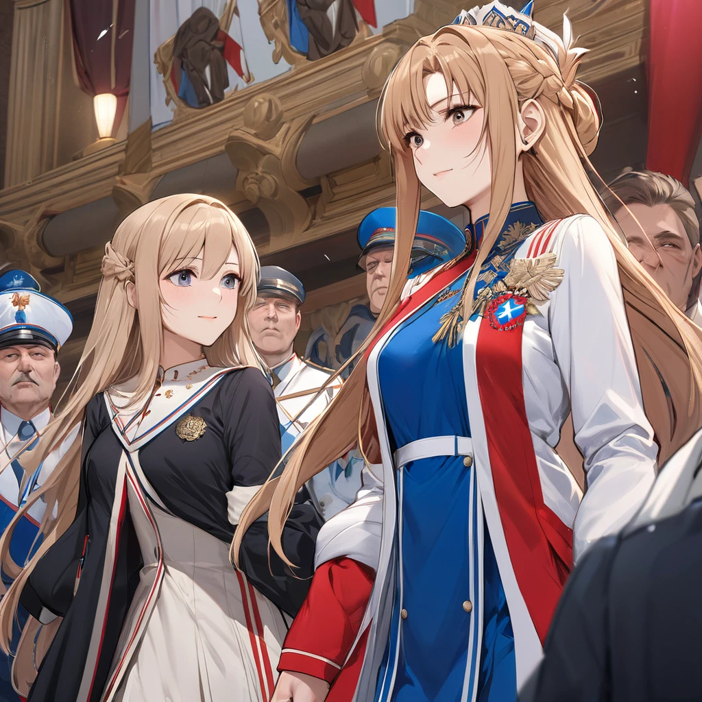 ((Highest quality)), ((masterpiece)), (detailed), (Perfect Face)、The woman is Yuuki Asuna, a Russian with light brown, semi-long hair.、The woman is a member of the United Russia party and is beautifully dressed in the fine attire and luxurious accessories appropriate for a party member.、She is a United Russia member who is dedicated to the cause of a great United Russia, and she deeply respects and worships the leader of the Great Russian Party, a United Russia supremacist.、The woman is following a United Russia official.
