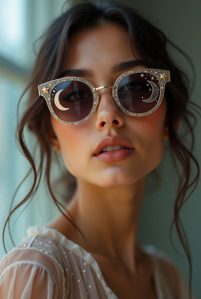 The model is wearing glass sunglasses with stars and the moon on the glass