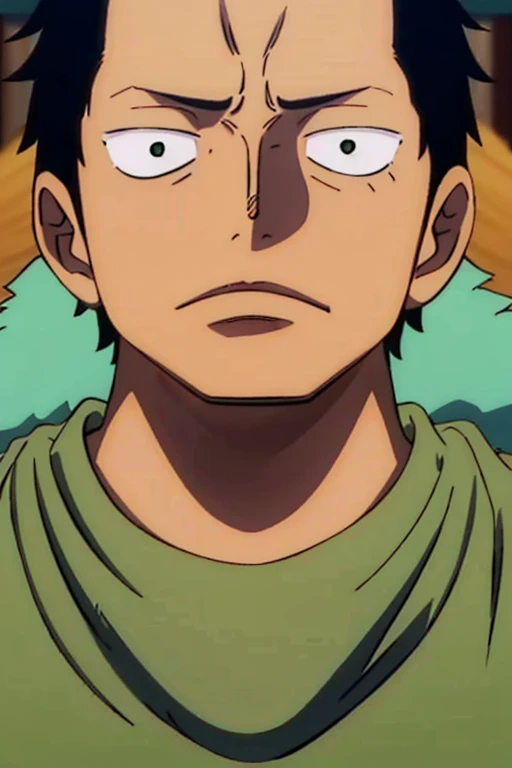 A boy with medium length black hair and a small fringe he has dark circles on his face and wears a green sweater he is very handsome his eyes have dark circles