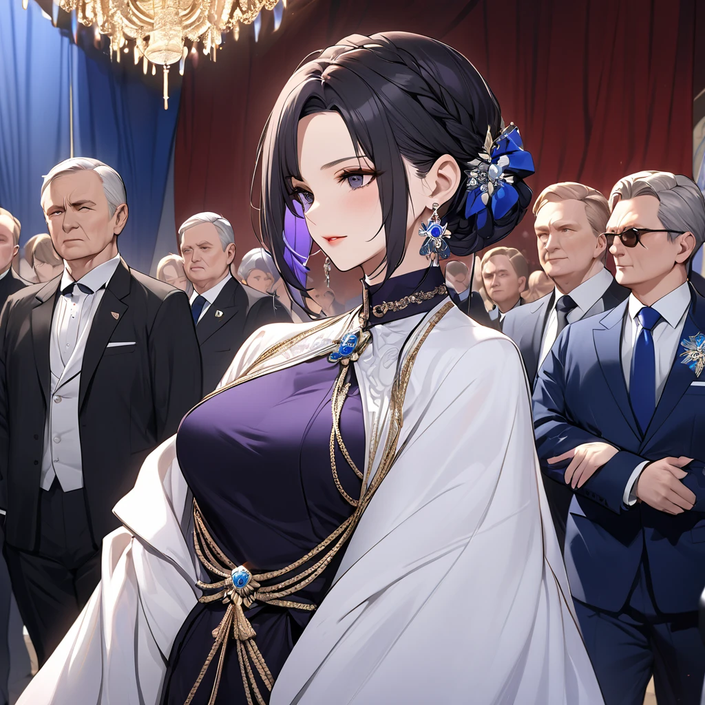 ((Highest quality)), ((masterpiece)), (detailed), (Perfect Face)、The woman is Shinobu Kocho, a Russian with black hair in a purple gradient bob style, tied up in a formal evening hairstyle.、The woman is a member of the United Russia party and is beautifully dressed in the fine attire and luxurious accessories appropriate for a party member.、She is a United Russia member who is dedicated to the cause of a great United Russia, and she deeply respects and worships the leader of the Great Russian Party, a United Russia supremacist.、The woman is following a United Russia official.