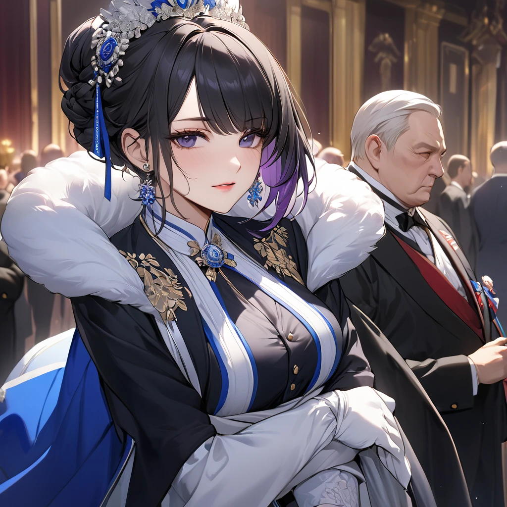 ((Highest quality)), ((masterpiece)), (detailed), (Perfect Face)、The woman is Shinobu Kocho, a Russian with black hair in a purple gradient bob style, tied up in a formal evening hairstyle.、The woman is a member of the United Russia party and is beautifully dressed in the fine attire and luxurious accessories appropriate for a party member.、She is a United Russia member who is dedicated to the cause of a great United Russia, and she deeply respects and worships the leader of the Great Russian Party, a United Russia supremacist.、The woman is following a United Russia official.