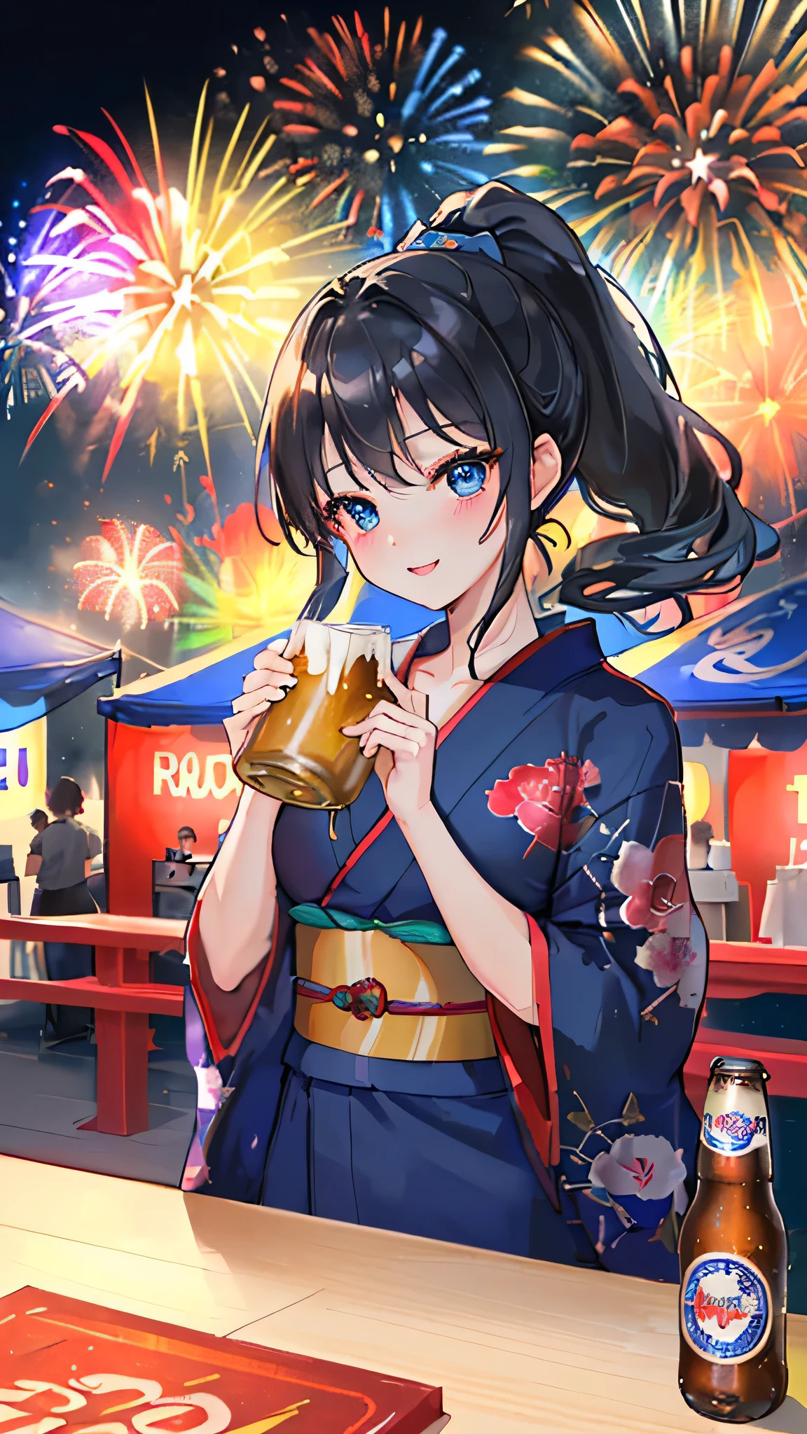 最high quality、Best image quality、masterpiece、With a girl((cute、20-year-old、Best Bust、Medium Bust、Beautiful Blue Eyes、Spread your chest wide,Black Hair、ponytail、Disheveled Hair、thin、Highest Valley、Red yukata、smile、Beer を持つ、Drunk)）high quality、Beautiful art、background((night、festival、stall、Fireworks、Beer )),Tabletop、Exquisite design、Visual Arts、Written boundary depth、Best lighting、Highest detail、8ｋ