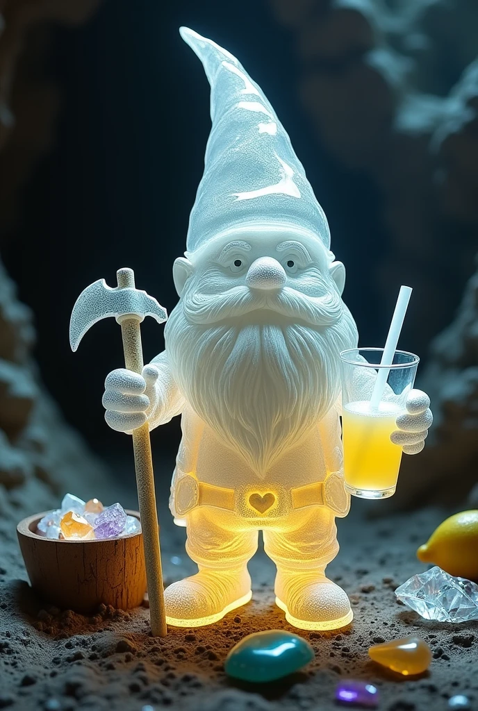 white diamond cut in the shape of a gnome holding a glass of lemonade with a straw and a pickaxe add a digger&#39;s outfit to the gnome add shiny valuable stones around it add a wheelbarrow full of crystals next to it add a cave environment with a geode
