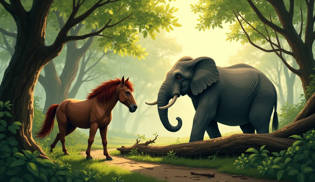 7. **”A scene where a horse and an elephant are seen planning together under the shade of the forest canopy, showing their strategy to tackle the fallen tree.”**