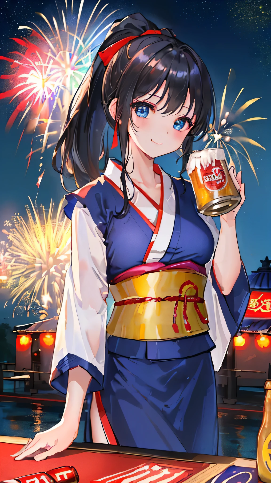 最high quality、Best image quality、masterpiece、With a girl((cute、20-year-old、Best Bust、Medium Bust、Beautiful Blue Eyes、Spread your chest wide,Black Hair、ponytail、Disheveled Hair、thin、Highest Valley、Red yukata、smile、Beer を持つ、Drunk))high quality、Beautiful art、background((night、festival、stall、Fireworks、Beer )),Tabletop、Exquisite design、Visual Arts、Written boundary depth、Best lighting、Highest detail、8k