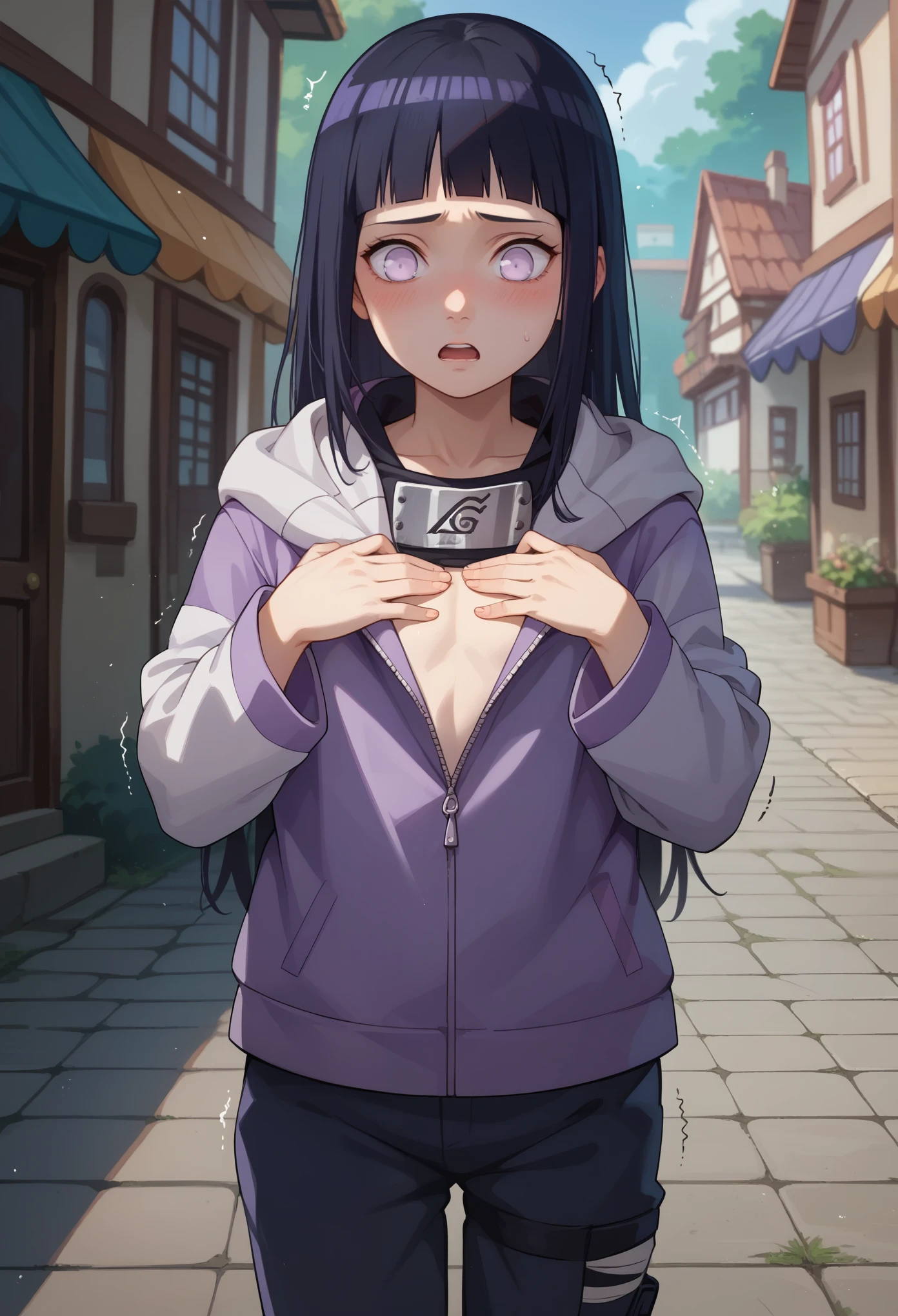 score_9, score_8_up, score_7_up, 1girl solo, ((kid)), flat chest, hinataSDXL, long hair, black hair, purple eyes, skinny, white eyes, pants, purple jacket, hood, forehead protector, konohagakure symbol, hyuuga hinata, hands on chest, shaking, standing, blushing, surprised, oversized clohtes, looking down, tradicional village