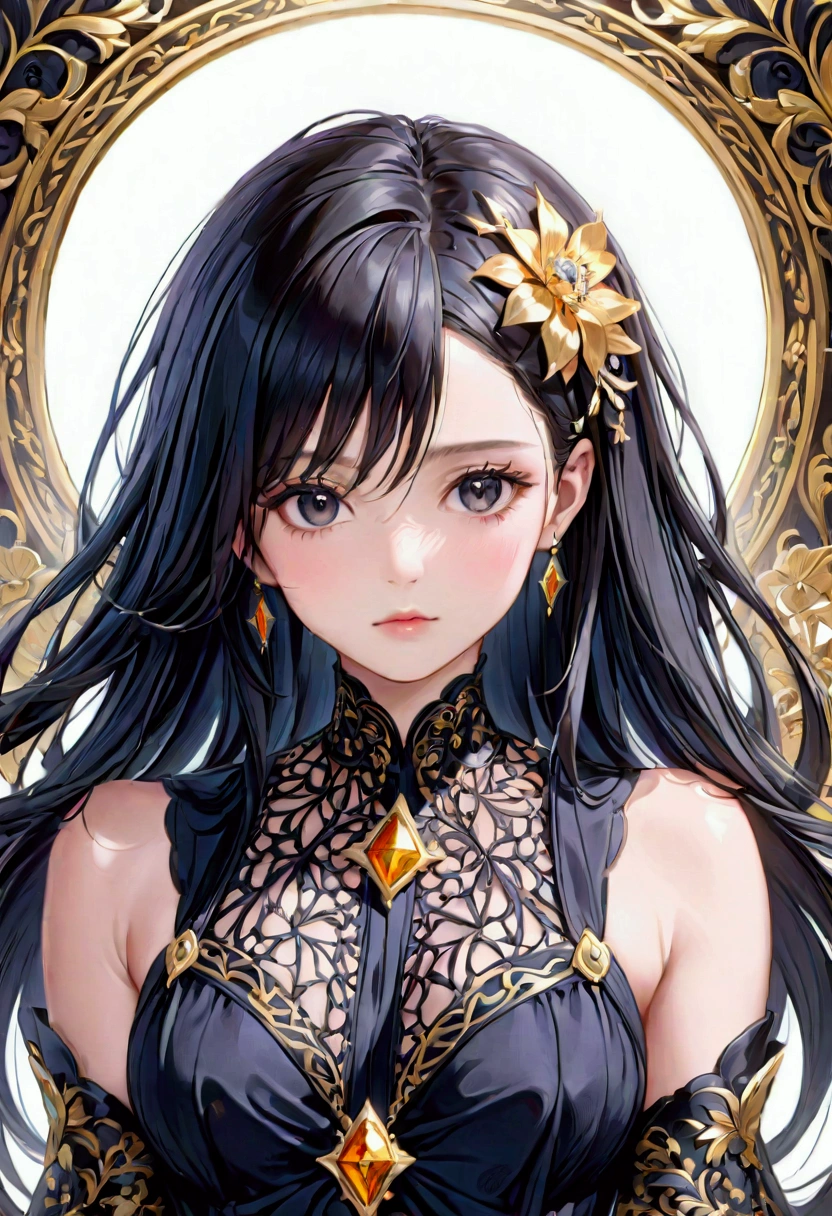 ((Masterpiece)) ((best quality)) ((ultra-detailed )) ((ultra sharp)) ((4k)).Anime girl with long black  hair , black eyes with hourglass shaped build, 